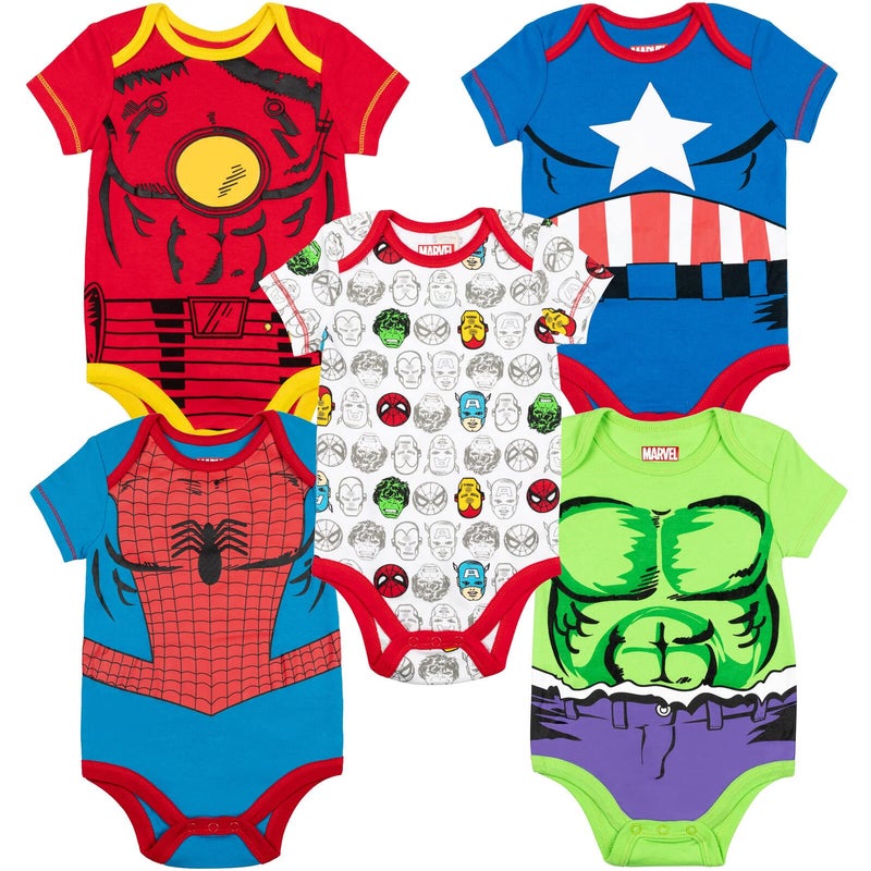 Marvel Avengers Spider-Man Iron Man Captain America Newborn Baby Boys 5 Pack Bodysuits Multi 0-3 Months - Image 1