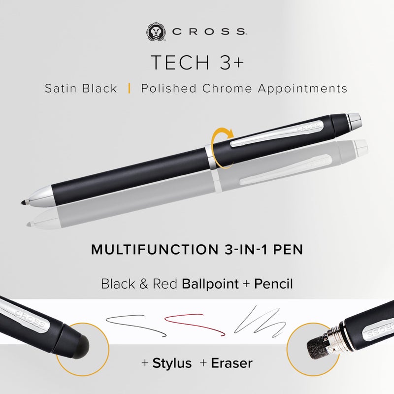 Cross Tech3+ Engraved Refillable Multi-Function Ballpoint Pen with Stylus, Medium Ballpen And Pencil, Includes Premium Gift Box - Satin Black - Image 3