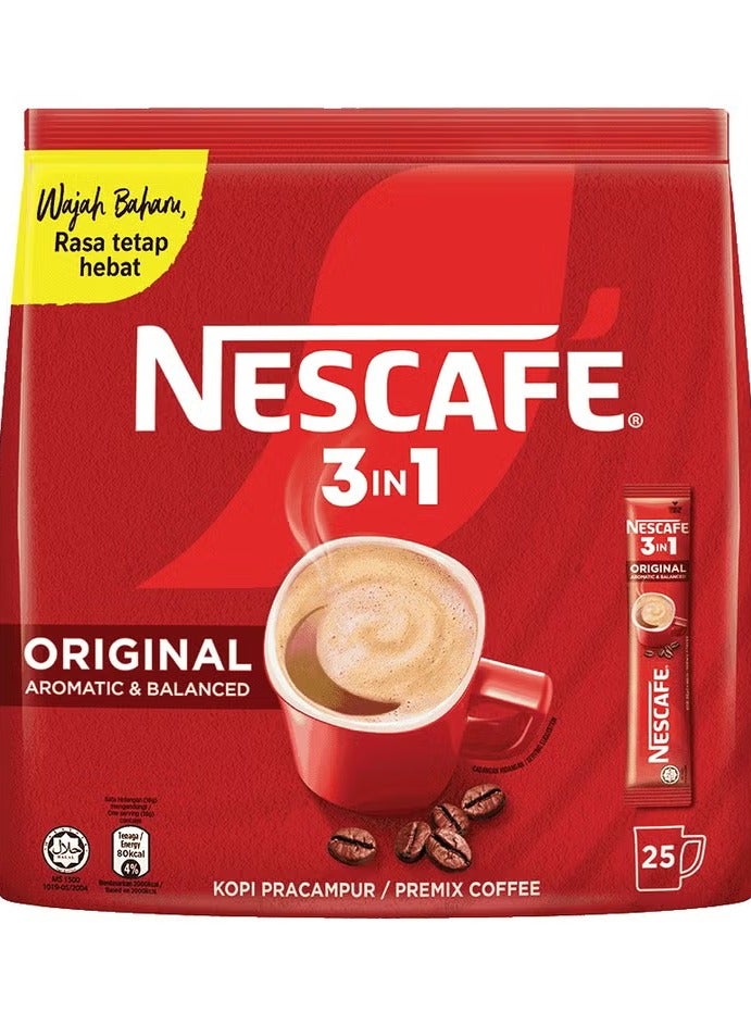 Nescafe 3 in 1 Original Aromatic and Balanced Premix Coffee - 18g X 25 Sticks - Image 1