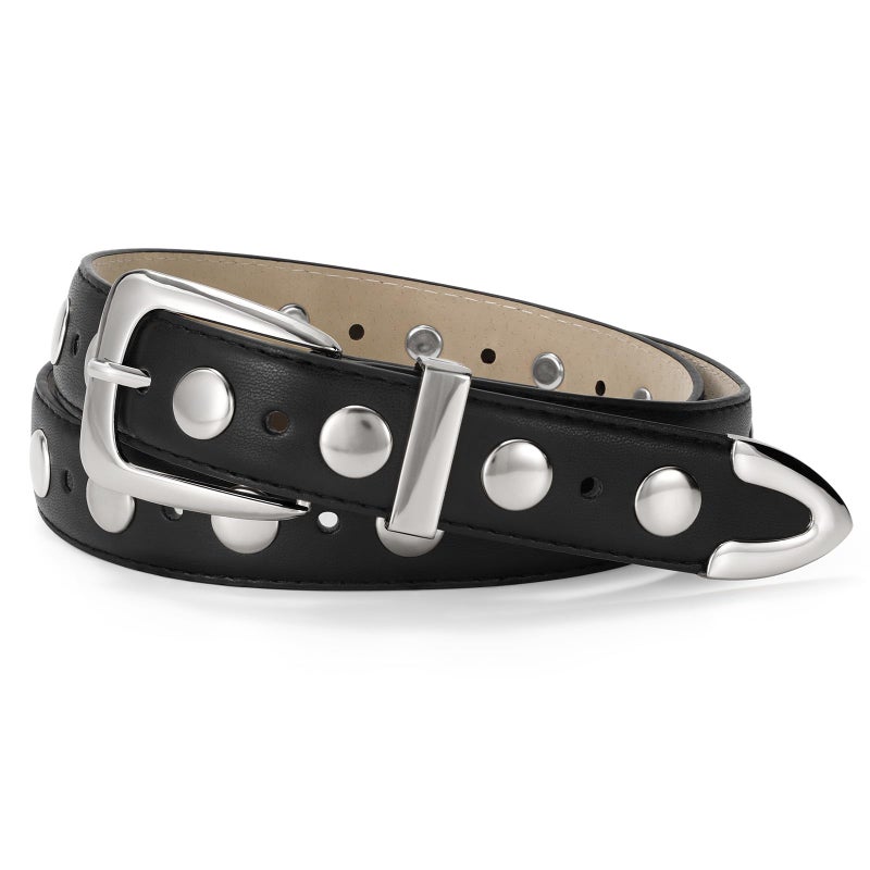 JASGOOD Women Leather Belt Fashion Studded Belt Ladies Punk Belt Silver Buckle Vintage Leather Belt for Jeans Dress - Image 1
