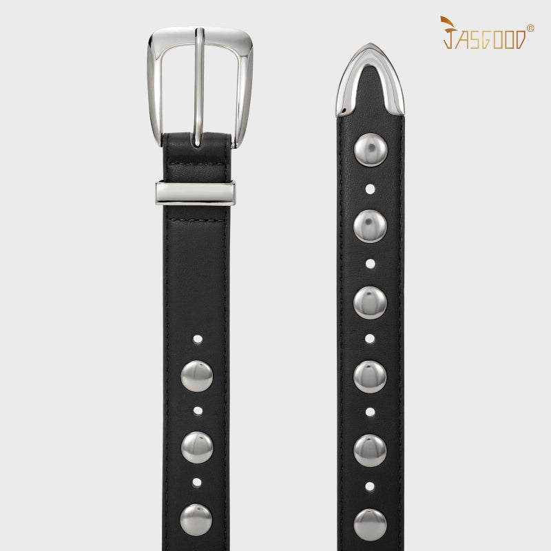 JASGOOD Women Leather Belt Fashion Studded Belt Ladies Punk Belt Silver Buckle Vintage Leather Belt for Jeans Dress - Image 2