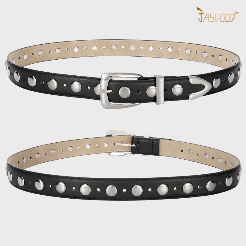 JASGOOD Women Leather Belt Fashion Studded Belt Ladies Punk Belt Silver Buckle Vintage Leather Belt for Jeans Dress - Image 4