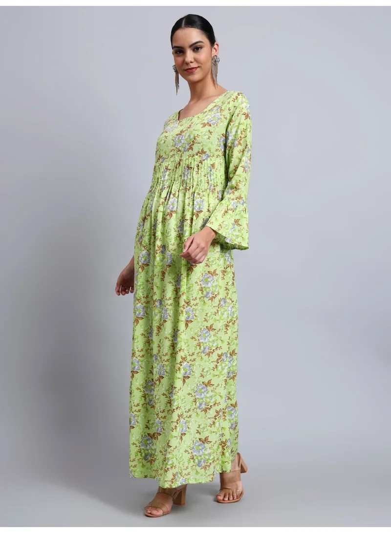 Alaya Single Women Green Floral Printed Cotton Jalabiya with Flared Sleeves & Round Neckline-AL4045 for Women | Best Price UAE