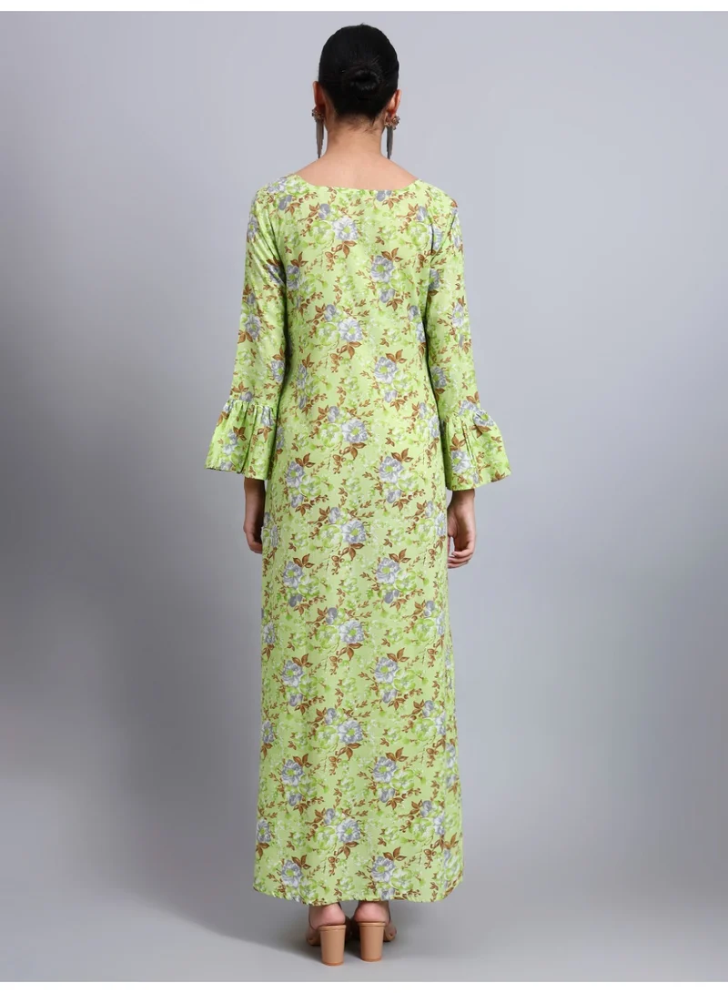 Alaya Single Women Green Floral Printed Cotton Jalabiya with Flared Sleeves & Round Neckline-AL4045 for Women | Best Price UAE