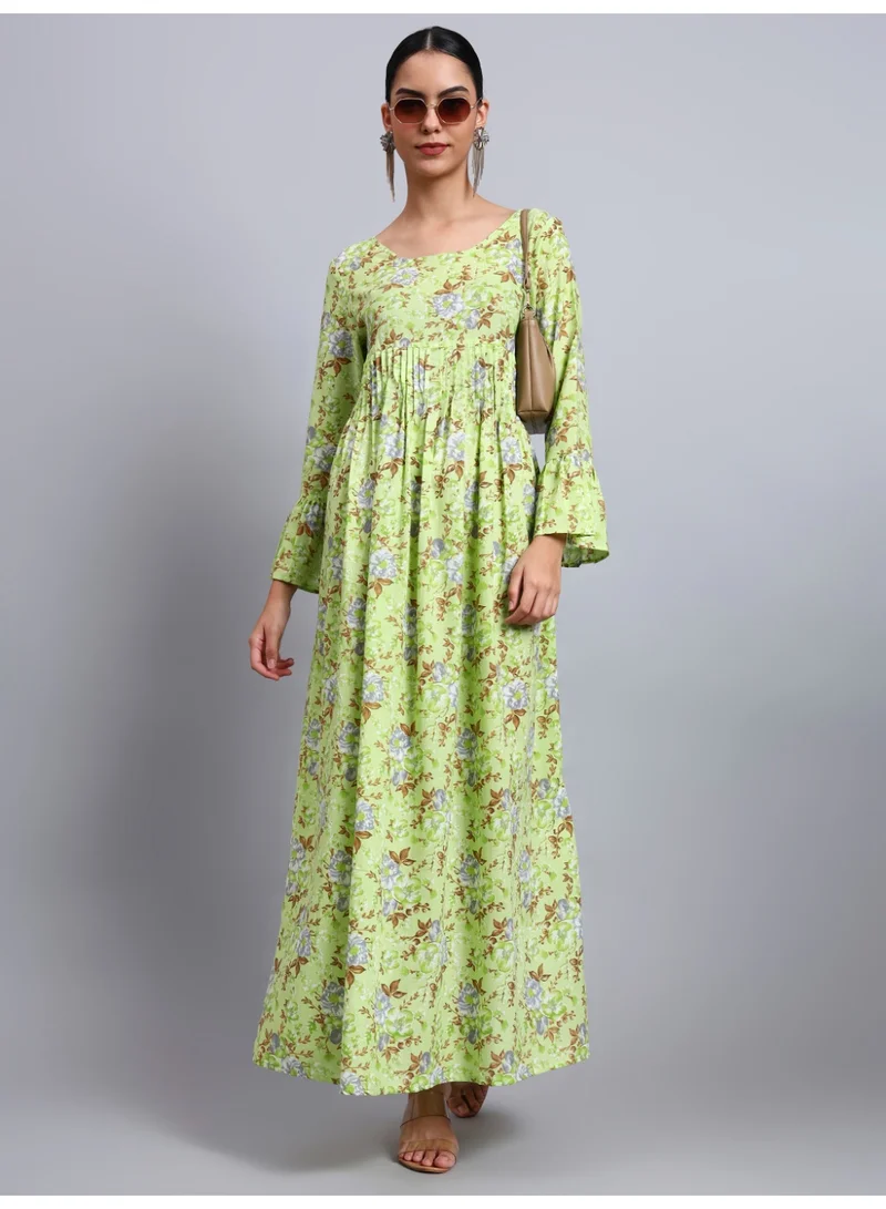 Alaya Single Women Green Floral Printed Cotton Jalabiya with Flared Sleeves & Round Neckline-AL4045 for Women | Best Price UAE
