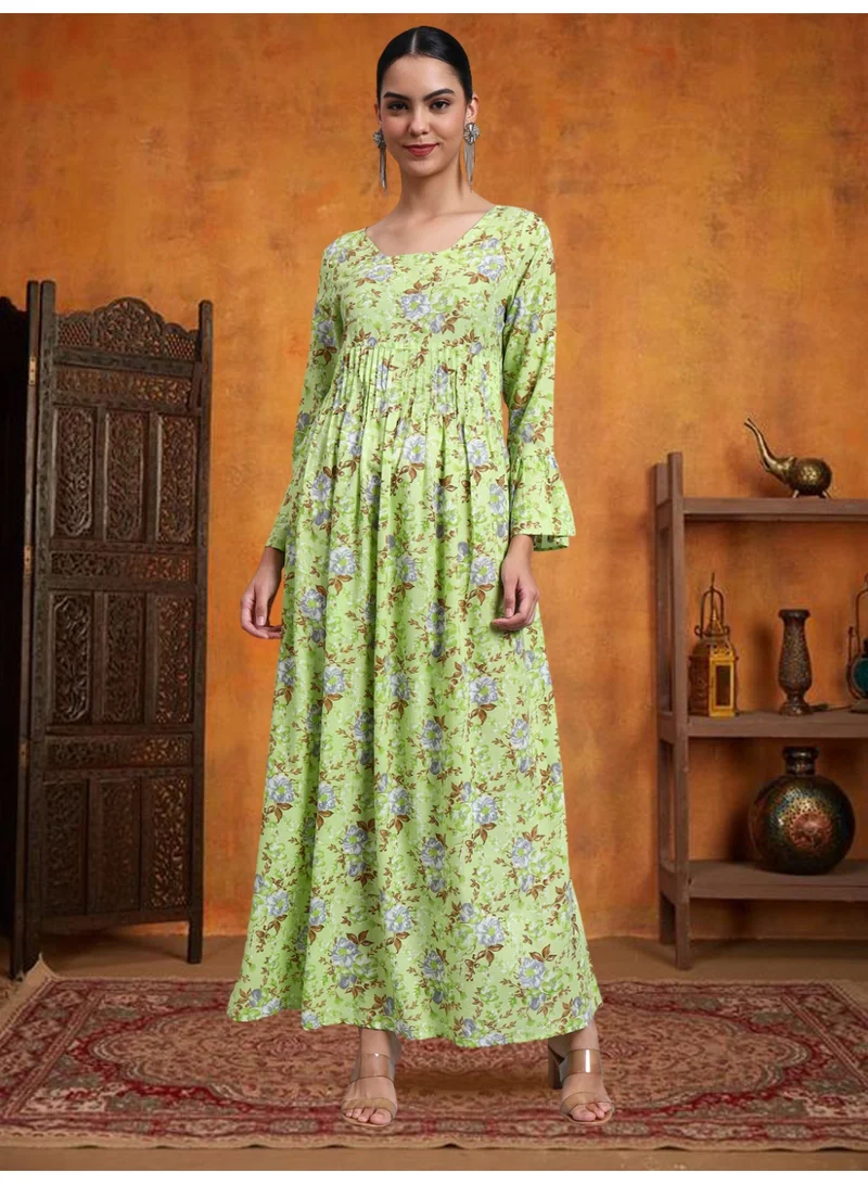 Women Green Floral Printed Cotton Jalabiya with Flared Sleeves & Round Neckline-AL4045