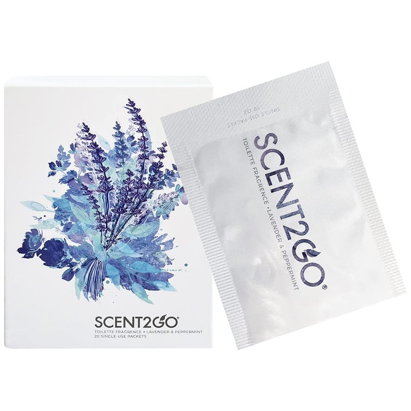 Scent2Go Toilet Fragrance Powder - Discreet Travel Size Packet - Leak Lock Design - Plant Based Formula - Lavender + Peppermint - 20 Single Use Packets - Image 1