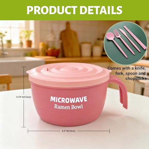 Layron Large Ramen Bowl Set, Ramen Noodle Bowls Microwavable 45 oz, Ramen Cooker, Microwave Pasta Cooker, Ramen Bowl Microwave Gift for College Boys Girls Male Female Dorm Room (pink) - Image 3