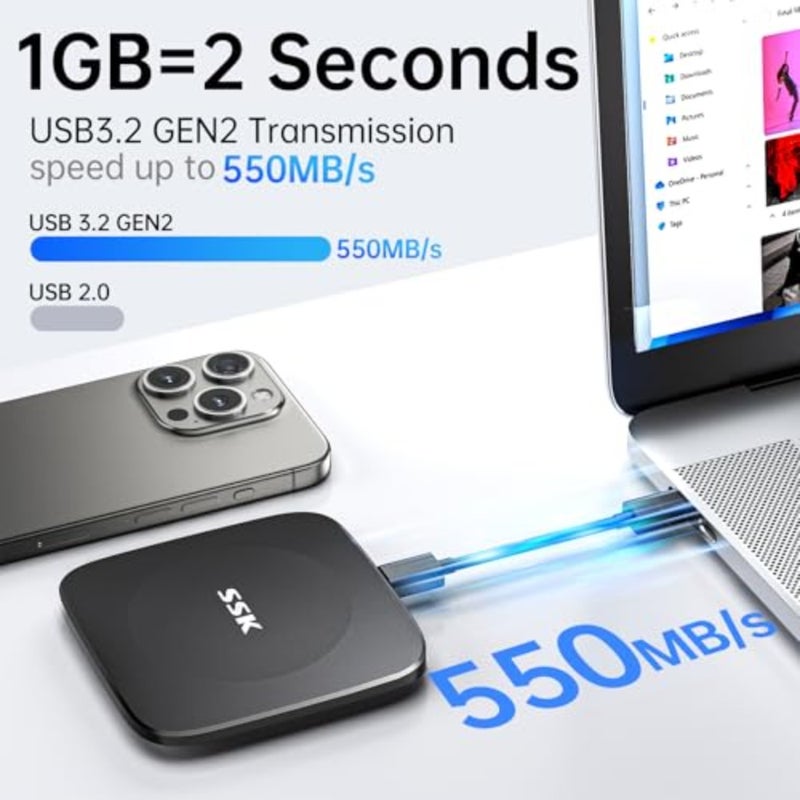 SSD خارجي محمول لهاتف iPhone 15/16/17 Android Windows Mac Tablet Xbox One، واجهة USB-C، سبائك الألومنيوم السوداء، سرعة قراءة تصل إلى 550 ميجابايت/ثانية - Image 2