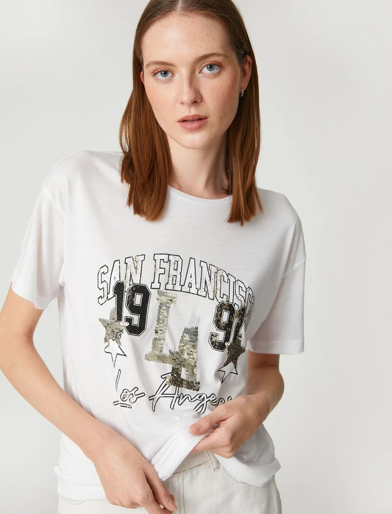 كوتون Sequined T-Shirt Short Sleeve Crew Neck