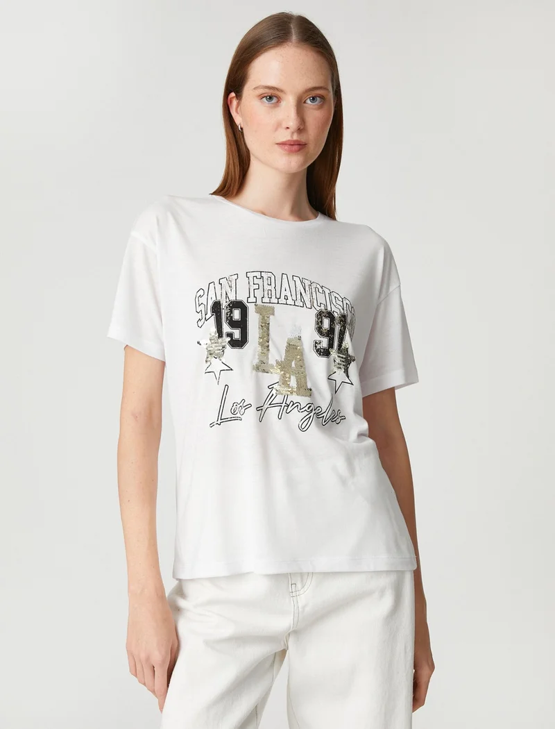 كوتون Sequined T-Shirt Short Sleeve Crew Neck
