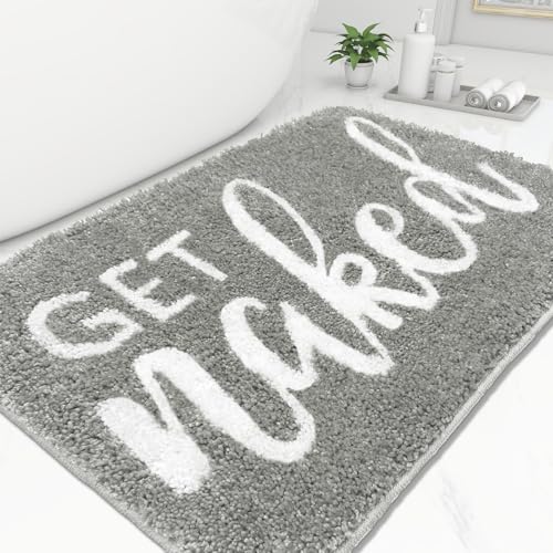 Homantic Small Get Naked Bathroom Rugs - Funny Bath Mats Non Slip Cute Carpet for Bathroom Floor Decor Water Absorbent Bath Rugs for Sink Bathtub and Shower Gray 16" x 24" - Image 1