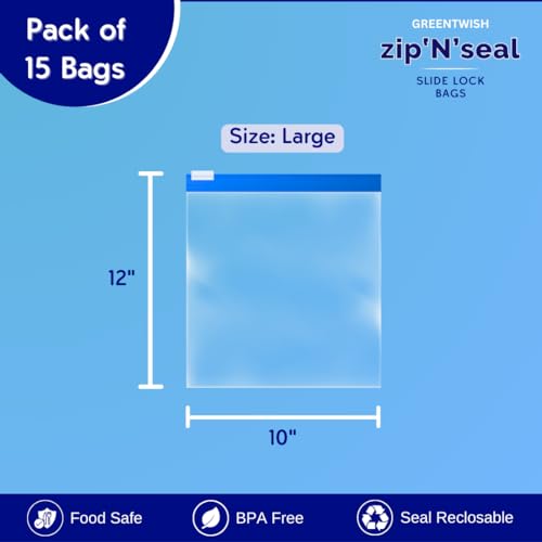 GREENTWISH Zip 'N' Seal Slider Zip Lock Bags, Food Vegetable Fruit Fridge Storage Bag, Freezer/Microwave Safe, BPA Free LDPE Transparent Zipper Bag | Size: 10 x 12 Inch (Large) | Pack of 15 Bags - Image 2