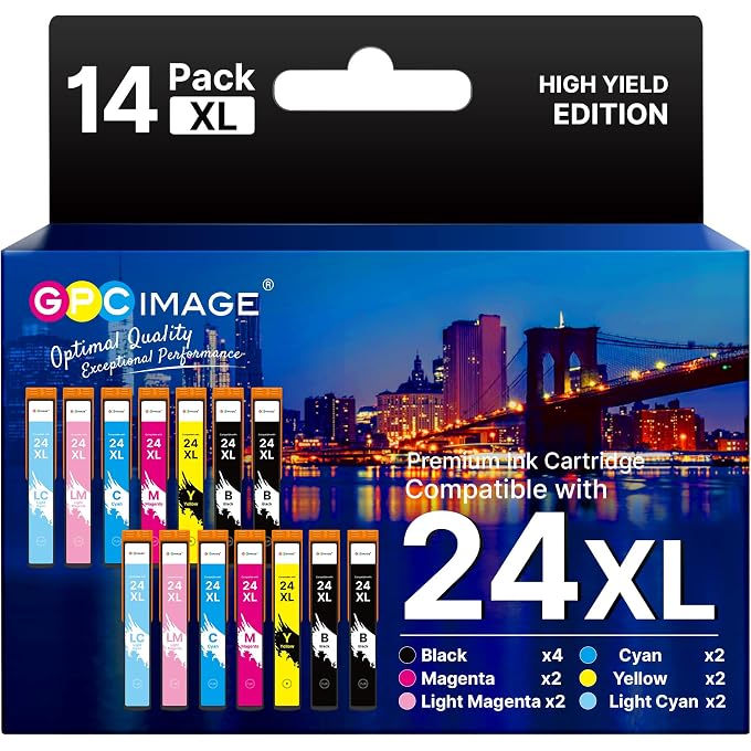 GPC Image Compatible Ink Cartridges Replacement for 24XL 24 for Expression Photo XP-55 XP-950 XP-860 XP-960 XP-750 XP-760 XP-850 (Black Cyan Magenta Yellow LC LM, 14-Pack)