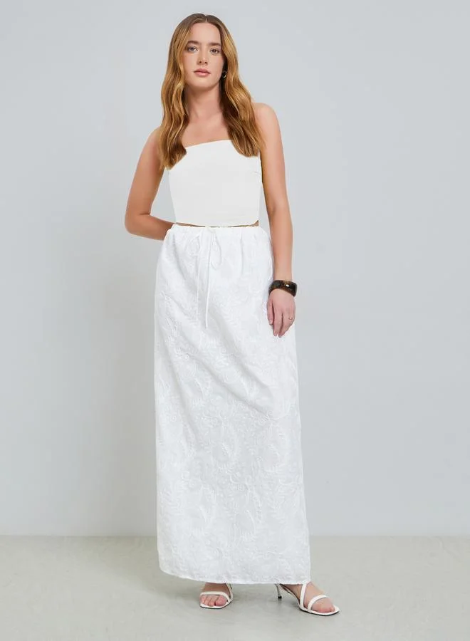Take Two White All Embroidery Drawstring Waist Maxi Skirt