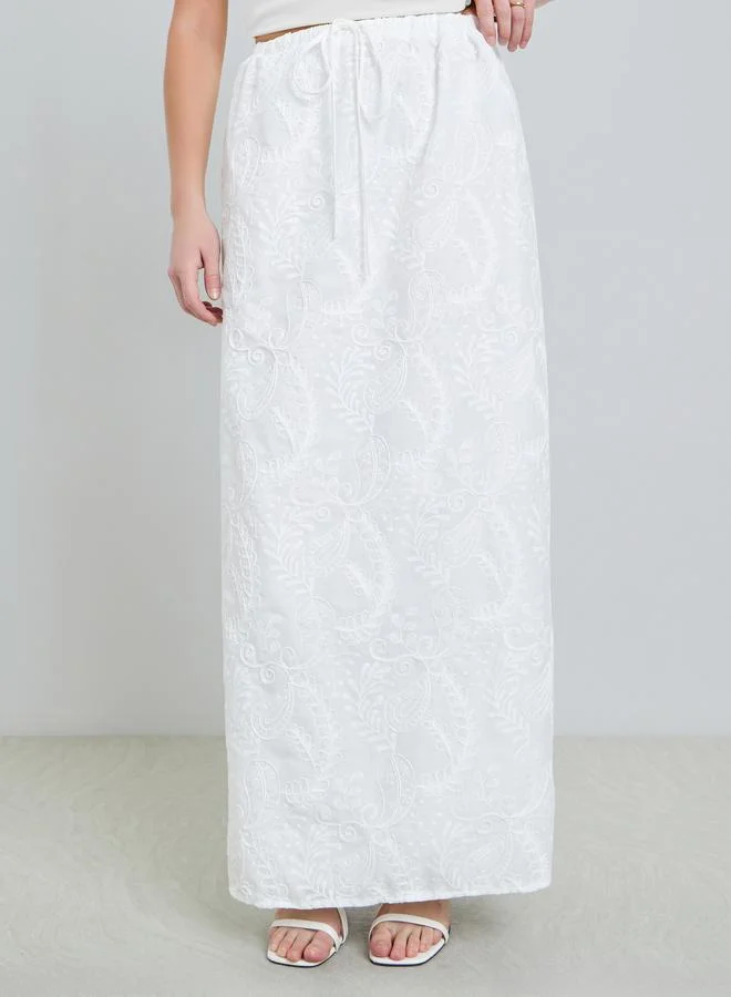 Take Two White All Embroidery Drawstring Waist Maxi Skirt