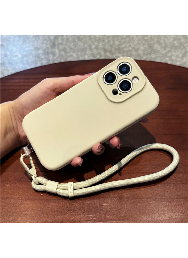 For iPhone 14 Pro Case Precise Cutouts Liquid Silicone+PC Phone Cover with Wrist Strap - Antique White - Image 1