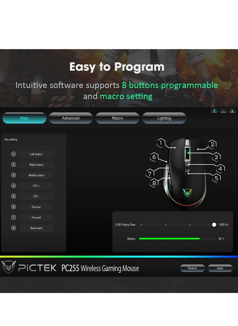 PICTEK - PC255A Wireless & Wired RGB Gaming Mouse - Optical Sensor 10.000 DPI - Polling Rate 1000Hz - 8 Programmable Buttons - Rechargeable battery - Image 1
