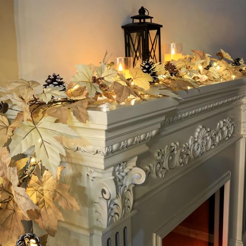 Ghrdopy 6 FT Realistic Fall Garland with Lights Timer Function Fall Leaves Maple Garland with Berries Pine Cones Autumn Automatic Fall Decorations for Home Mantle Fireplace Porch Table Decor - Image 3