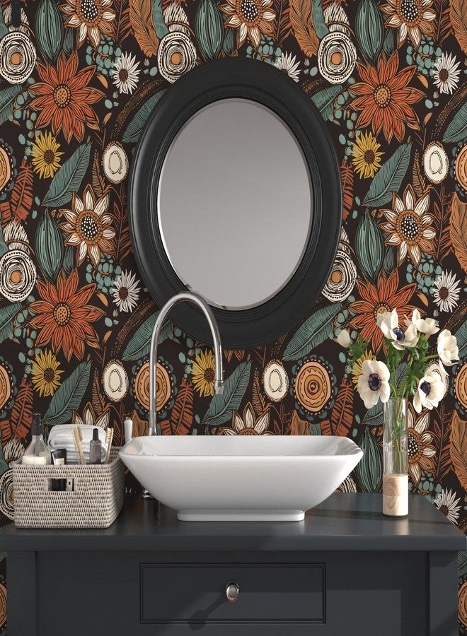 Laatse Boho Wallpaper Peel and Stick,Vintage Floral Contact Paper 17.5" x 393.7", Retro Botanical Flowers Wall Paper Self Adhesive Removable Waterproof for Walls Shelves Cabinet Table (Orange, Blue, Brown) - Image 3