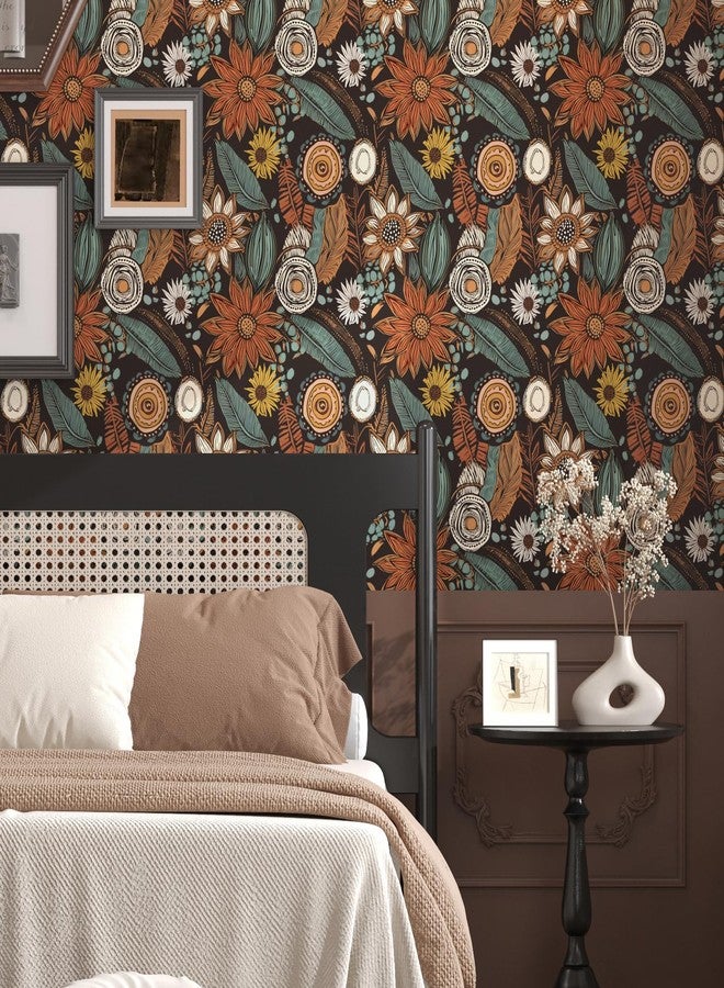 Laatse Boho Wallpaper Peel and Stick,Vintage Floral Contact Paper 17.5" x 393.7", Retro Botanical Flowers Wall Paper Self Adhesive Removable Waterproof for Walls Shelves Cabinet Table (Orange, Blue, Brown) - Image 5