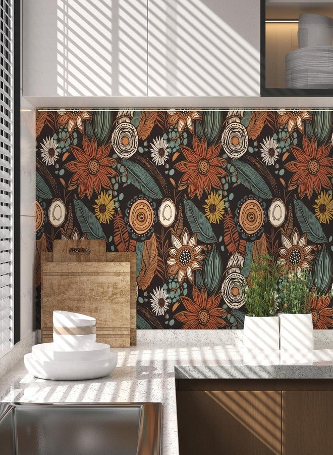 Laatse Boho Wallpaper Peel and Stick,Vintage Floral Contact Paper 17.5" x 393.7", Retro Botanical Flowers Wall Paper Self Adhesive Removable Waterproof for Walls Shelves Cabinet Table (Orange, Blue, Brown) - Image 4