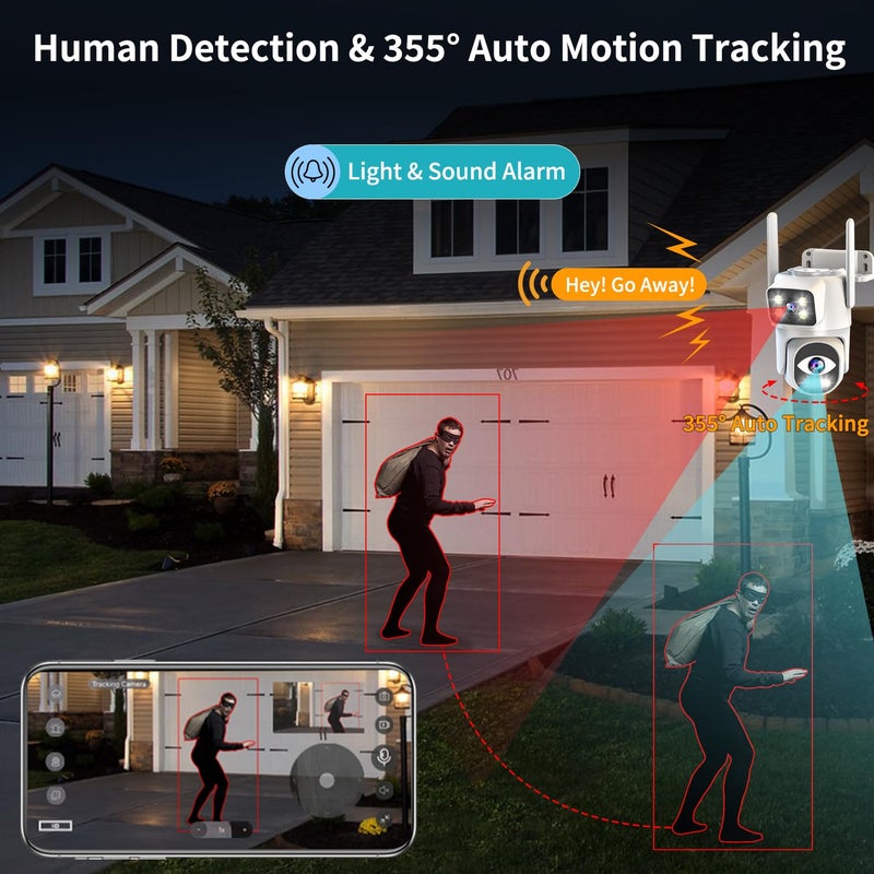 ESCANU Dual Lens Security Camera Outdoor,WiFi Camera for Home Security,Home Survaillance Outdoor,PTZ,2-Way Audio, Auto Tracking,Night Vision,24/7 Continous Record,IP65 Weather Proof - Image 3