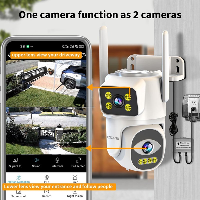 ESCANU Dual Lens Security Camera Outdoor,WiFi Camera for Home Security,Home Survaillance Outdoor,PTZ,2-Way Audio, Auto Tracking,Night Vision,24/7 Continous Record,IP65 Weather Proof - Image 2