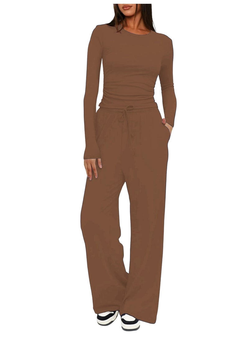 general 2025-2026 TK Solid Color Casual Long-Sleeved Settop Coat High-Waisted Wide-Fitting Pants Sports Outfit - Image 1