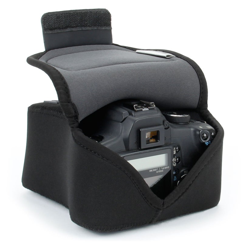 USA GEAR DSLR Camera Sleeve with Neoprene Protection, Holster Belt Loop and Accessory Storage - Compatible with Canon EOS Rebel T7, 850D, 250D, SL3, R7, Nikon D3500, D5600, and More (Black) - Image 1