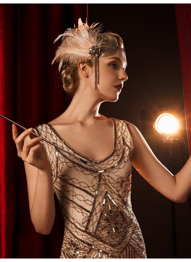 SWEETV Weetv 1920S Headpiece Flapper Headband Rhinestone Pearl Feather Hair Band Great Gatsby Headpiece Accessoreis For Women Champagne  - Image 3