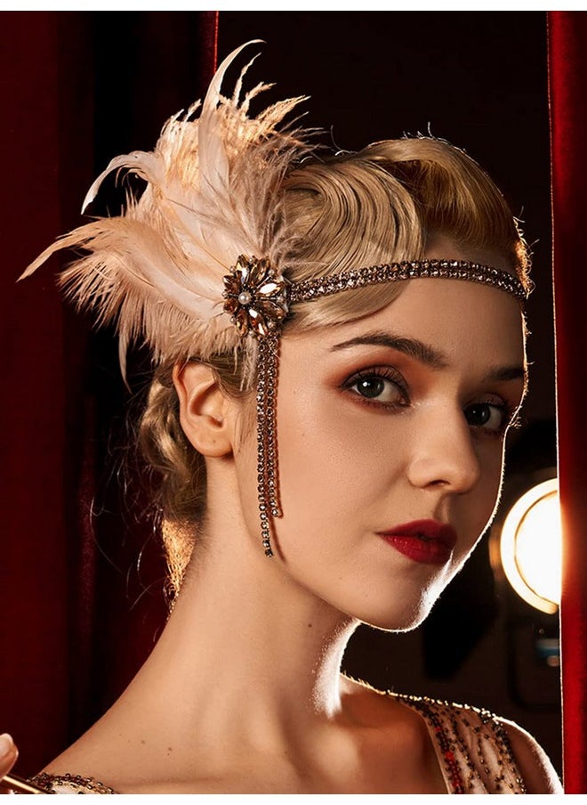 SWEETV Weetv 1920S Headpiece Flapper Headband Rhinestone Pearl Feather Hair Band Great Gatsby Headpiece Accessoreis For Women Champagne  - Image 5