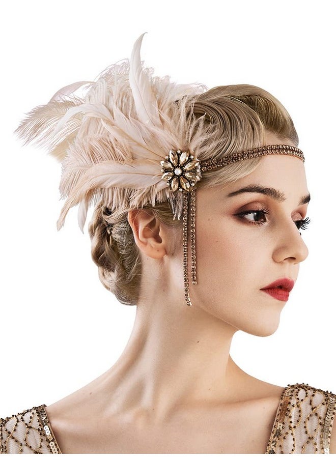 SWEETV Weetv 1920S Headpiece Flapper Headband Rhinestone Pearl Feather Hair Band Great Gatsby Headpiece Accessoreis For Women Champagne  - Image 2
