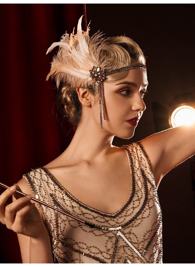SWEETV Weetv 1920S Headpiece Flapper Headband Rhinestone Pearl Feather Hair Band Great Gatsby Headpiece Accessoreis For Women Champagne  - Image 4