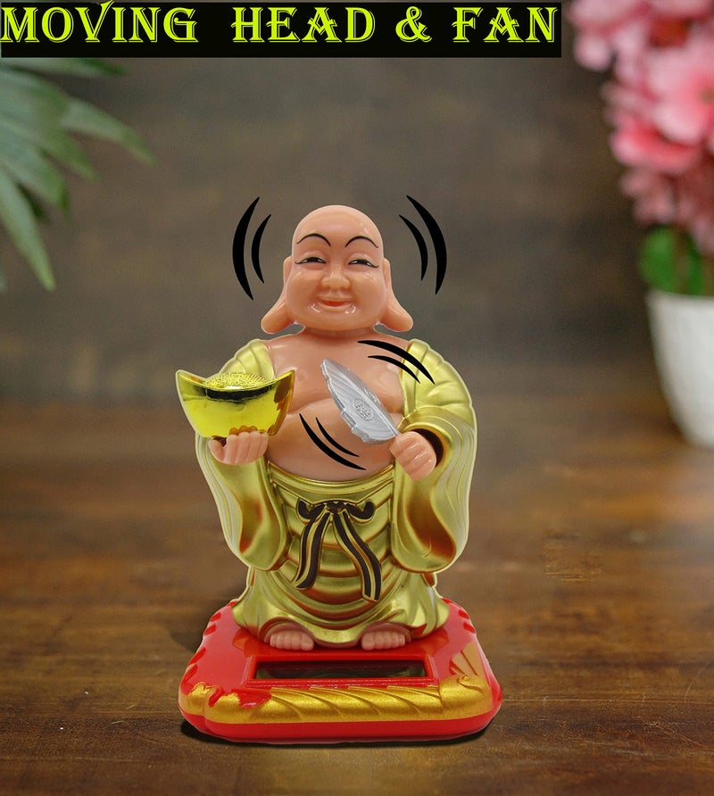 RENMAX Laughing Buddha Solar Powered with Waving Fan & Moving Head for Feng-Shui, Decorative Gift Pack Showpiece (Plastic, Yellow) - 1 Pc - Image 4
