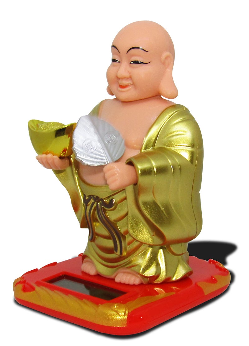 RENMAX Laughing Buddha Solar Powered with Waving Fan & Moving Head for Feng-Shui, Decorative Gift Pack Showpiece (Plastic, Yellow) - 1 Pc - Image 5