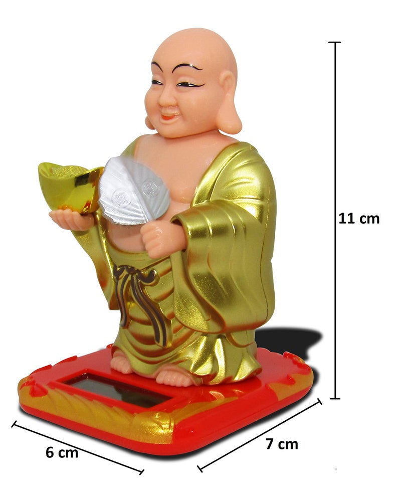 RENMAX Laughing Buddha Solar Powered with Waving Fan & Moving Head for Feng-Shui, Decorative Gift Pack Showpiece (Plastic, Yellow) - 1 Pc - Image 3