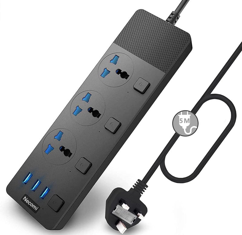 نكومي كابل تمديد لوحة الطاقة Necomi، مزود بـ 3 منافذ USB، طول الكابل 5 أمتر، منافذ كهربائية عالمية، محطة شحن ذكية، مزودة بمفاتيح فردية، محمية من الصدمات الكهربائية، مع قابس بريطاني للتثبيت على الجدار (لون أسود) - Image 1
