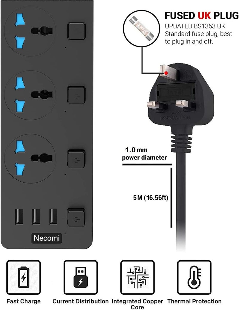 نكومي كابل تمديد لوحة الطاقة Necomi، مزود بـ 3 منافذ USB، طول الكابل 5 أمتر، منافذ كهربائية عالمية، محطة شحن ذكية، مزودة بمفاتيح فردية، محمية من الصدمات الكهربائية، مع قابس بريطاني للتثبيت على الجدار (لون أسود) - Image 2