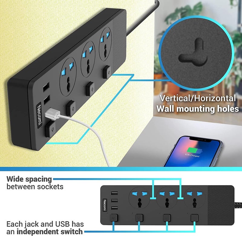 نكومي كابل تمديد لوحة الطاقة Necomi، مزود بـ 3 منافذ USB، طول الكابل 5 أمتر، منافذ كهربائية عالمية، محطة شحن ذكية، مزودة بمفاتيح فردية، محمية من الصدمات الكهربائية، مع قابس بريطاني للتثبيت على الجدار (لون أسود) - Image 4