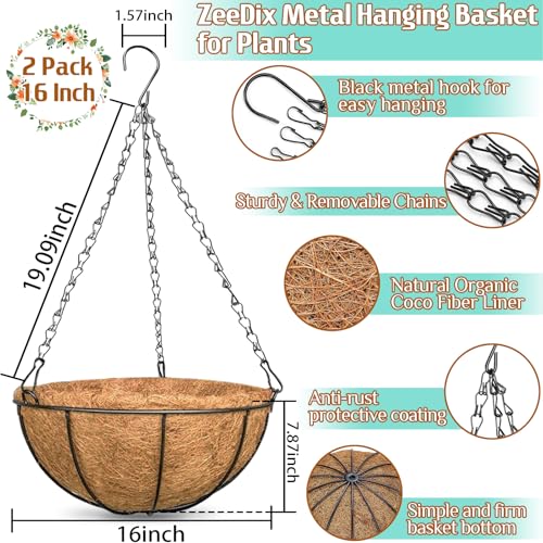 ZeeDix 2 Pack 16 Inch Large Hanging Baskets for Plants Outdoor with Coconut Liners Replacement, Hanging planters Baskets with Natural Coco Liner for Outdoor Indoor Planters Flowers Vegetables - Image 2
