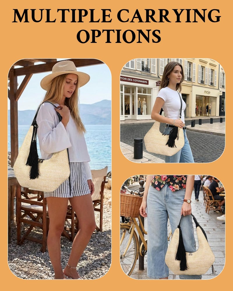 Herald Tassel Straw Hobo Shoulder Bag for Women, Summer Beach Crescent Crossbody Purse Handbag with Adjustable Strap (Black) - Image 4