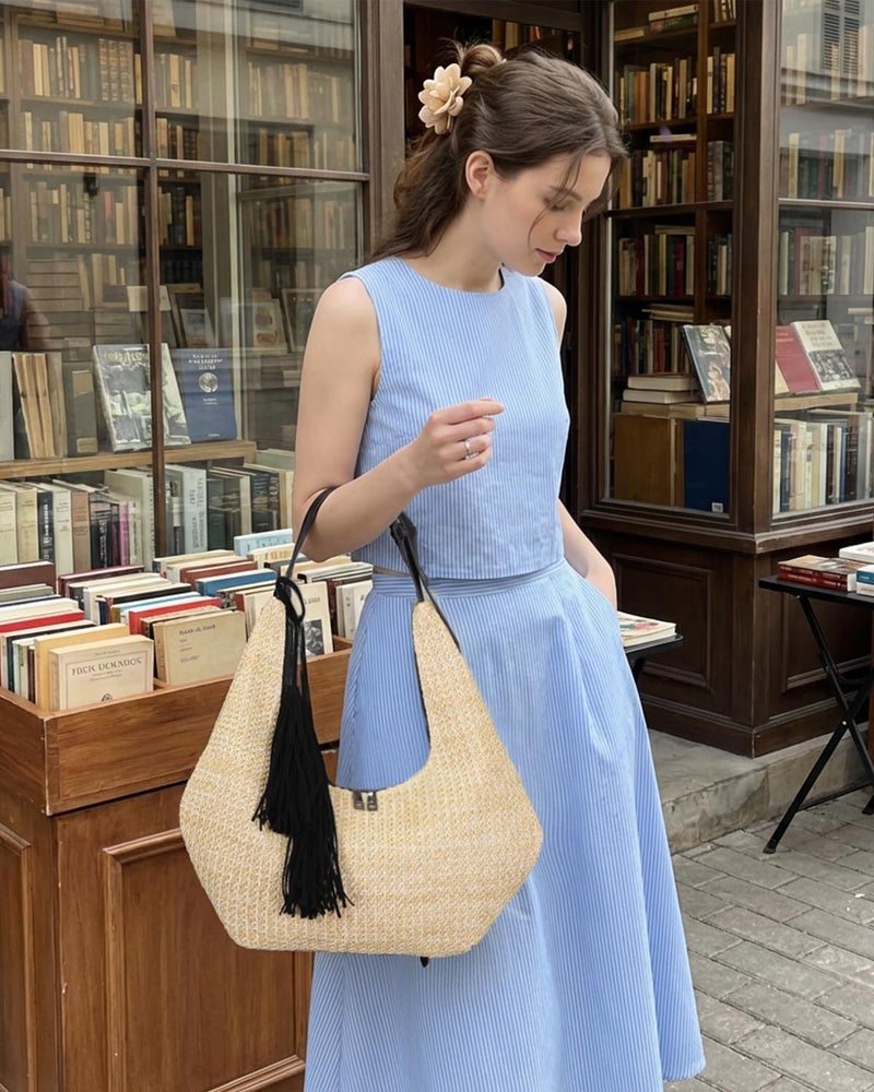 Herald Tassel Straw Hobo Shoulder Bag for Women, Summer Beach Crescent Crossbody Purse Handbag with Adjustable Strap (Black) - Image 3