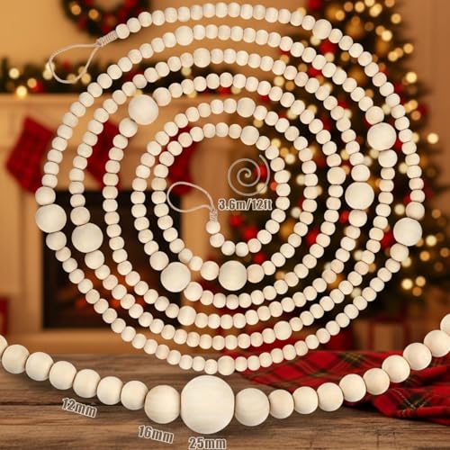 Canlierr 12 Feet Christmas Wooden Beads Garland Round Craft Farmhouse Vintage Wood Bead Garlands for Xmas Decoration Supplies(Natural Color) - Image 2