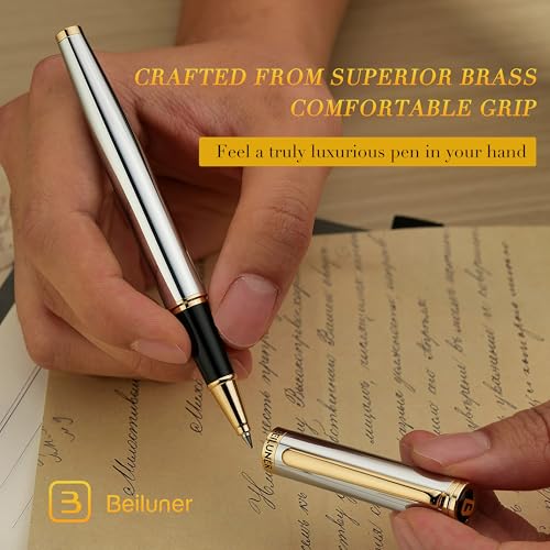 BEILUNER Luxury Rollerball Pen, Stunning Silver Chrome with 24K Gold Finish,Noble and Elegant Designs,Schneider Ink Refill, Best Gift Pen for Men & Women, Professional, Executive Office, Fancy Pens - Image 4