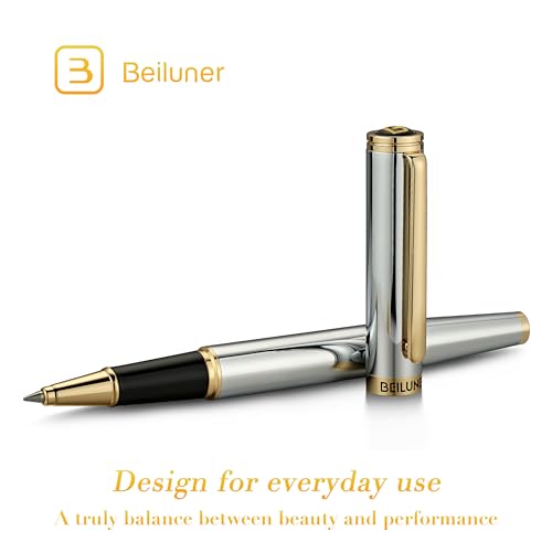 BEILUNER Luxury Rollerball Pen, Stunning Silver Chrome with 24K Gold Finish,Noble and Elegant Designs,Schneider Ink Refill, Best Gift Pen for Men & Women, Professional, Executive Office, Fancy Pens - Image 3