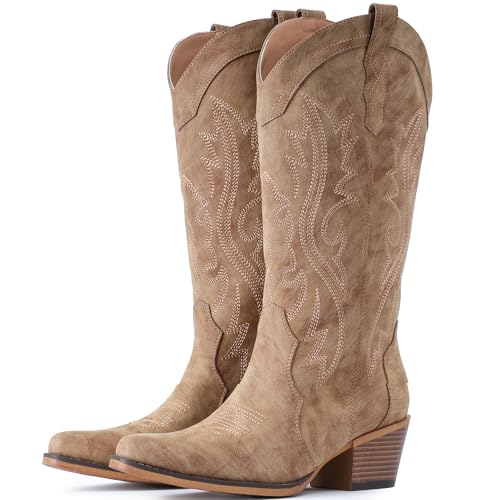 IUV Cowboy Boots For Women Western Cowgirl Boots with Chunky Heel Mid Calf Snip Toe Ideal for low insteps - Image 1
