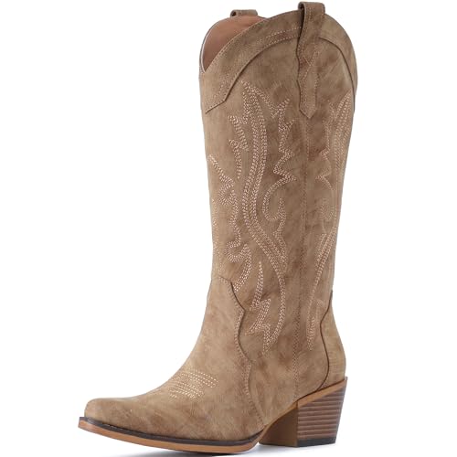 IUV Cowboy Boots For Women Western Cowgirl Boots with Chunky Heel Mid Calf Snip Toe Ideal for low insteps - Image 2