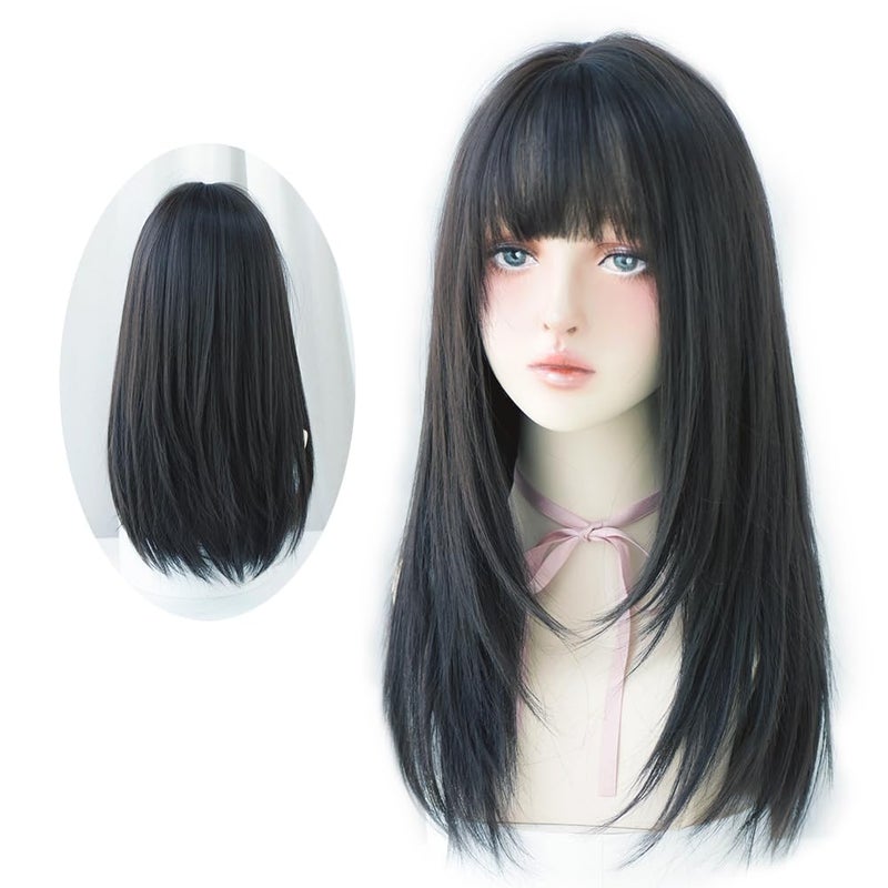URCGTSA URCGTSA Long Straight Black Hair With Bangs Synthetic Soft Layer Wig For Women Party Cosplay Supply Wig 22inch Dark brown 