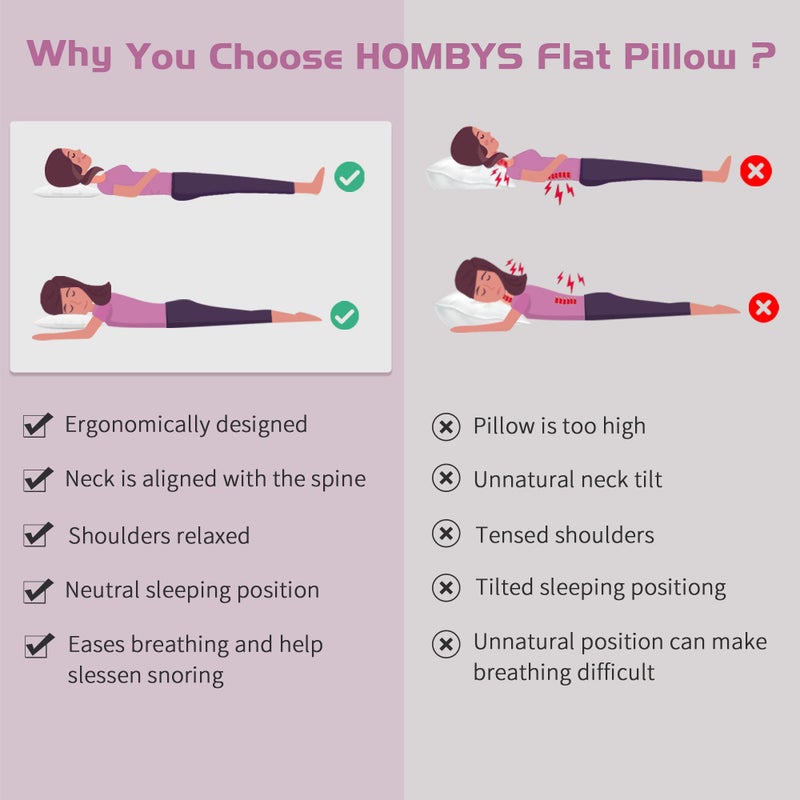 HOMBYS Ultra Thin Flat Pillow for Sleeping, Thin Pillow for Back Sleeper, Supportive Stomach Sleeping Pillow, Slim Bed Pillow, Machine Washable-Standard Size 18x26, White - Image 3